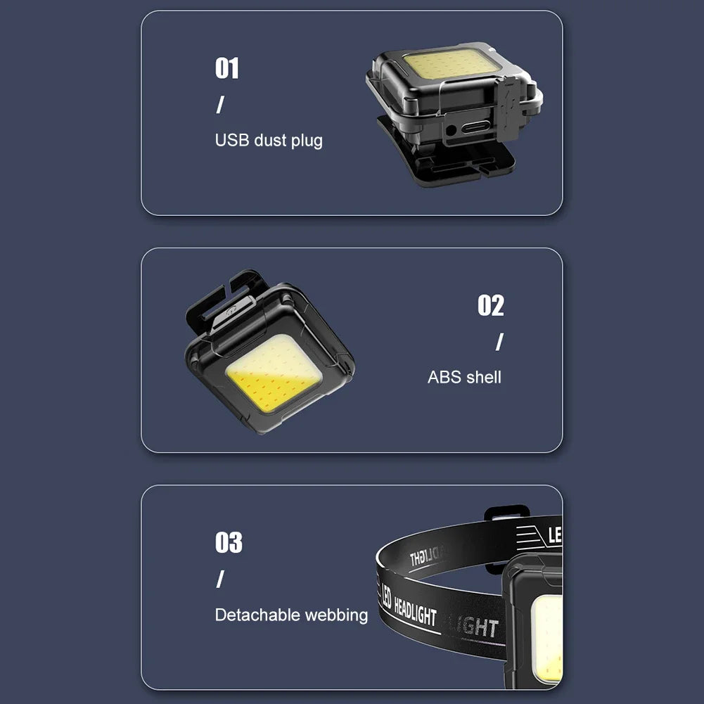 Outdoor Headlamp USB Rechargeable Work Flashlight Multifunctional Head Torch Mini COB LED Headlight for Camping Fishing Hiking