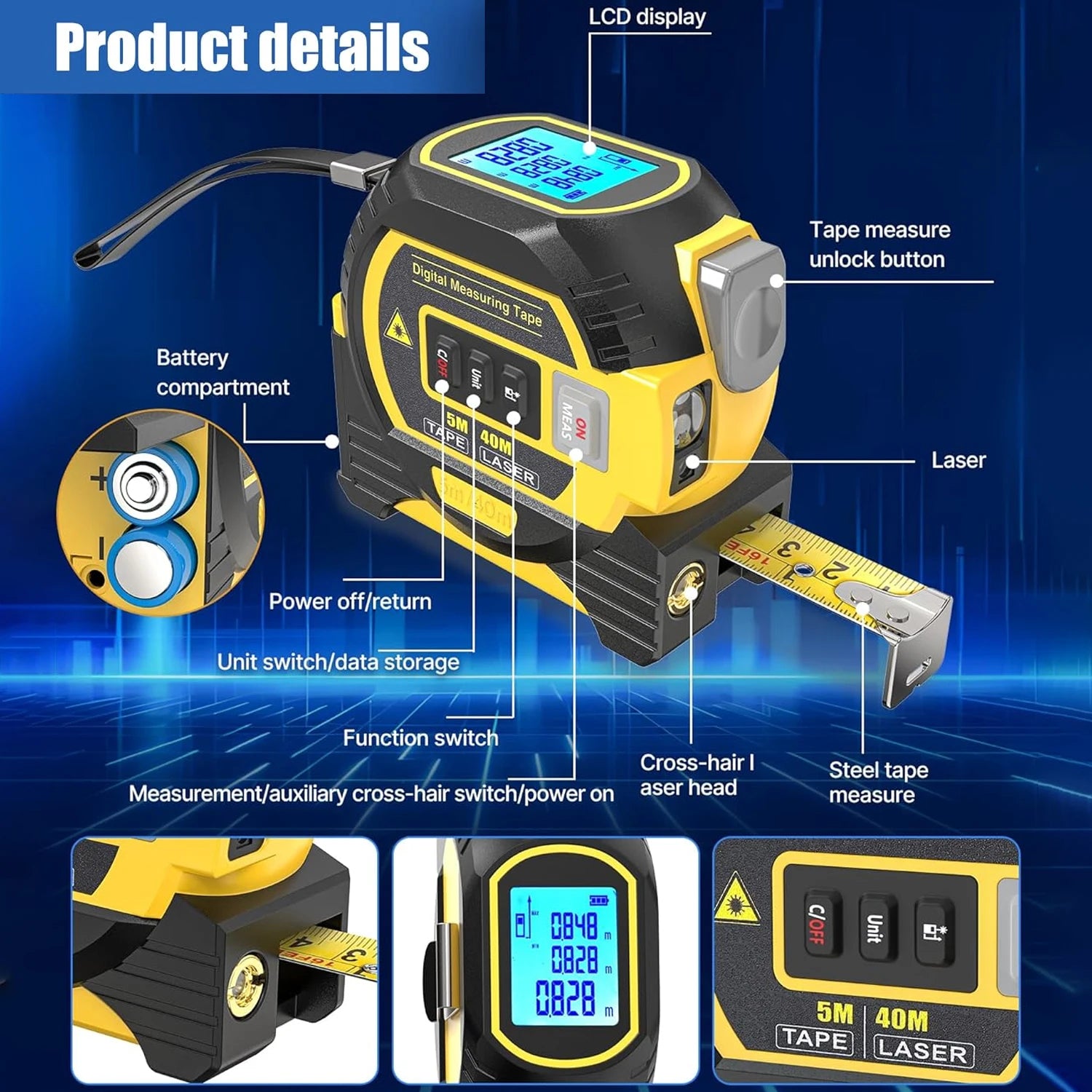 Laser Tape Measure Meter Building Measurement Device 3in1 Laser Rangefinder 5M Tape 60M Laser Measure with LCD Digital display