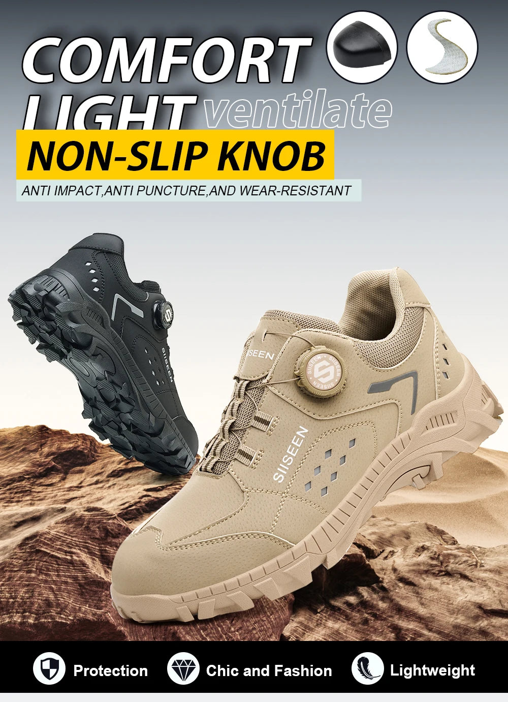 Steel Toe Safety Shoes for Men - Puncture Proof, Slip Resistant & Durable Work Boots for Construction, Outdoor Industrial Use