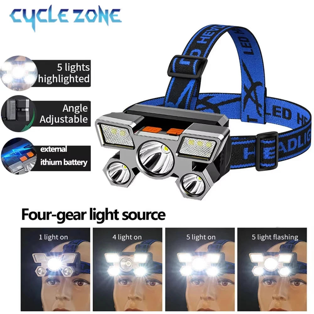 Rechargeable Headlamp Portable 5 LED Headlight Built in Battery Torch Portable Working Light Hiking Fishing Camping Head Lights