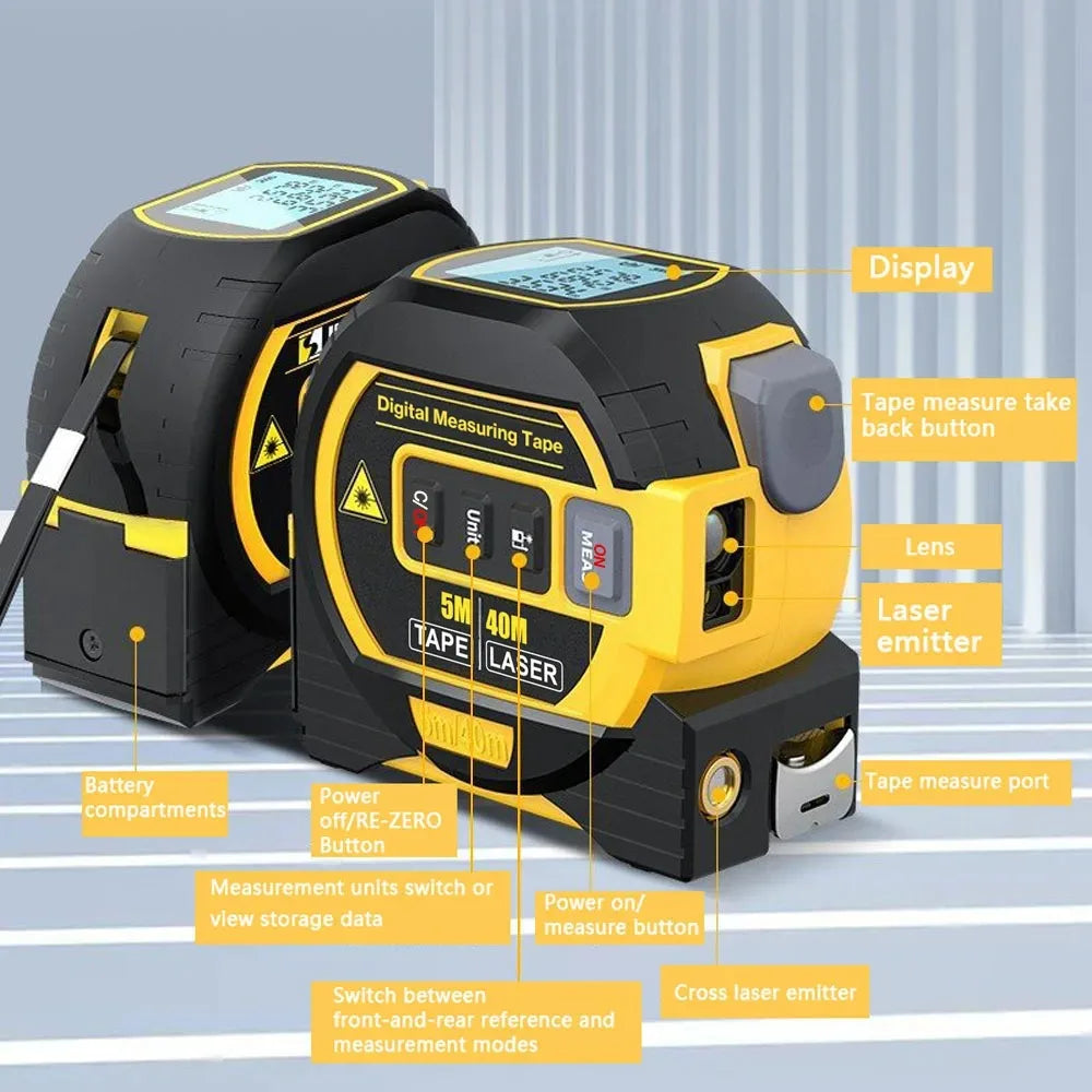 Laser Tape Measure Meter Building Measurement Device 3in1 Laser Rangefinder 5M Tape 60M Laser Measure with LCD Digital display