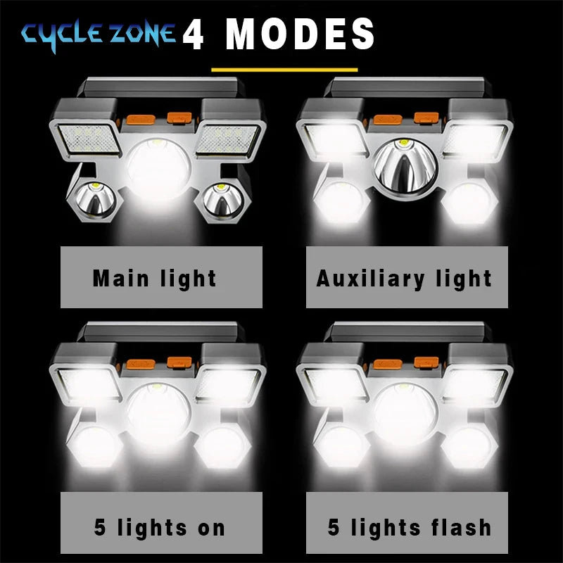 Rechargeable Headlamp Portable 5 LED Headlight Built in Battery Torch Portable Working Light Hiking Fishing Camping Head Lights