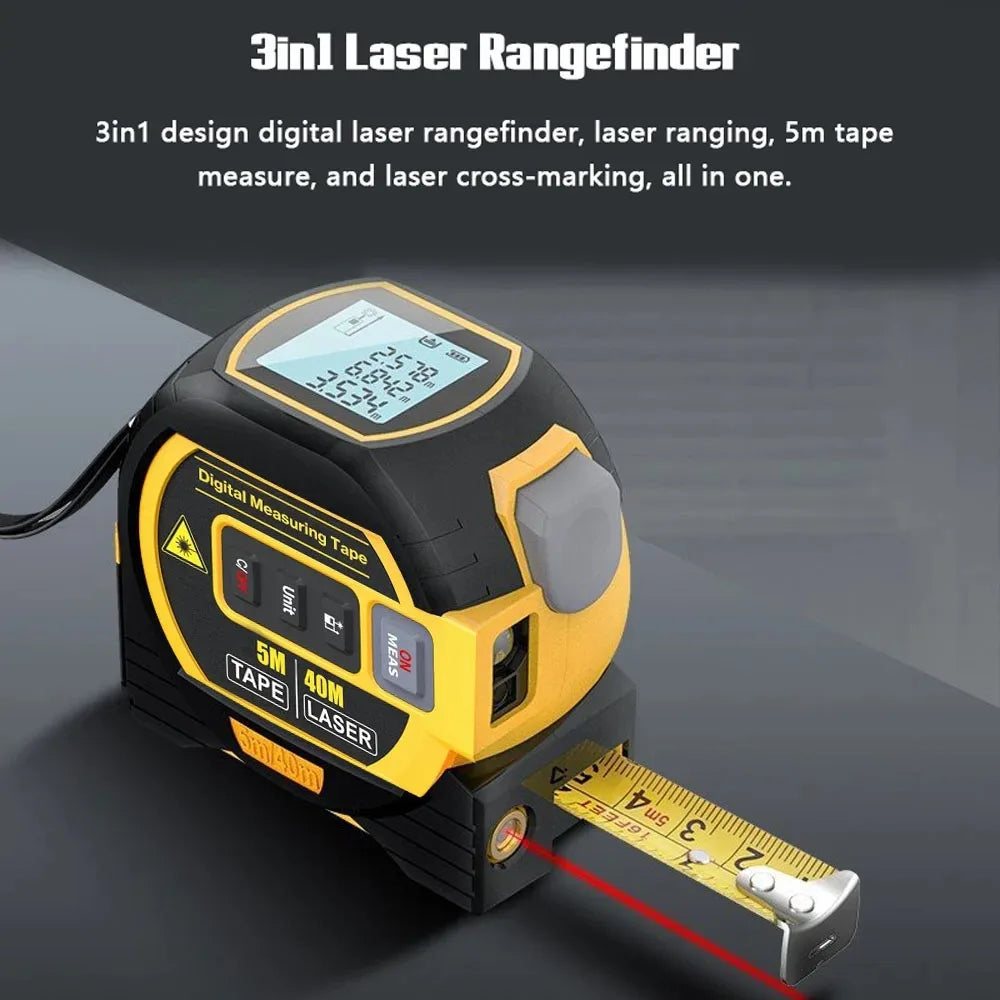 Laser Tape Measure Meter Building Measurement Device 3in1 Laser Rangefinder 5M Tape 60M Laser Measure with LCD Digital display