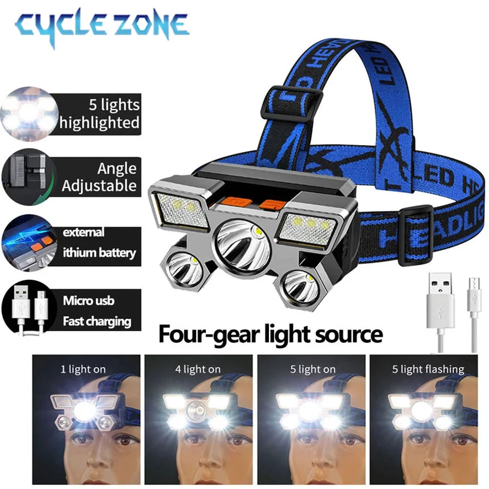Rechargeable Headlamp Portable 5 LED Headlight Built in Battery Torch Portable Working Light Hiking Fishing Camping Head Lights