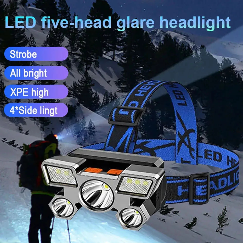 Rechargeable Headlamp Portable 5 LED Headlight Built in Battery Torch Portable Working Light Hiking Fishing Camping Head Lights