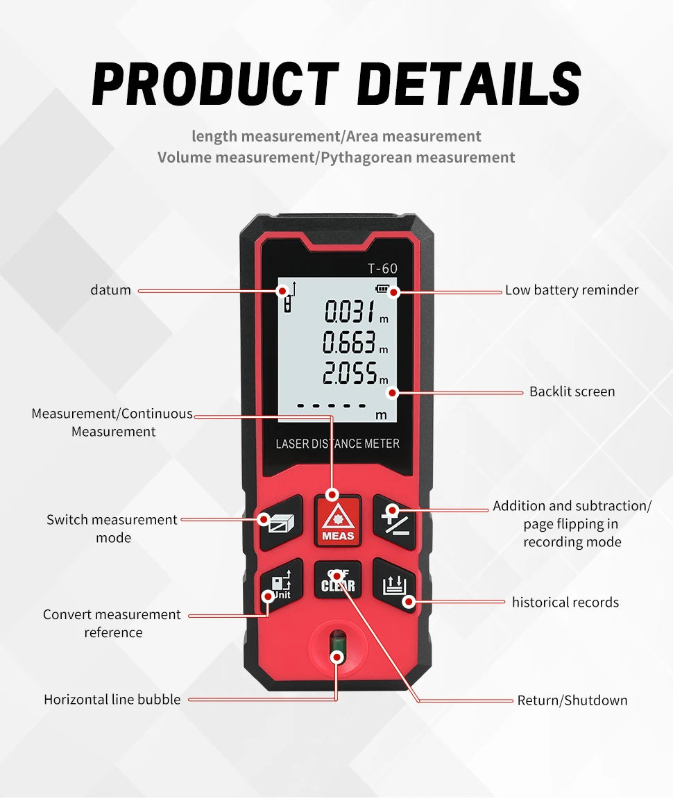 Laser Measuring Tool  Digital Tape Measure High Accuracy, Professional Laser Distance Meter with LCD Display for Constructi