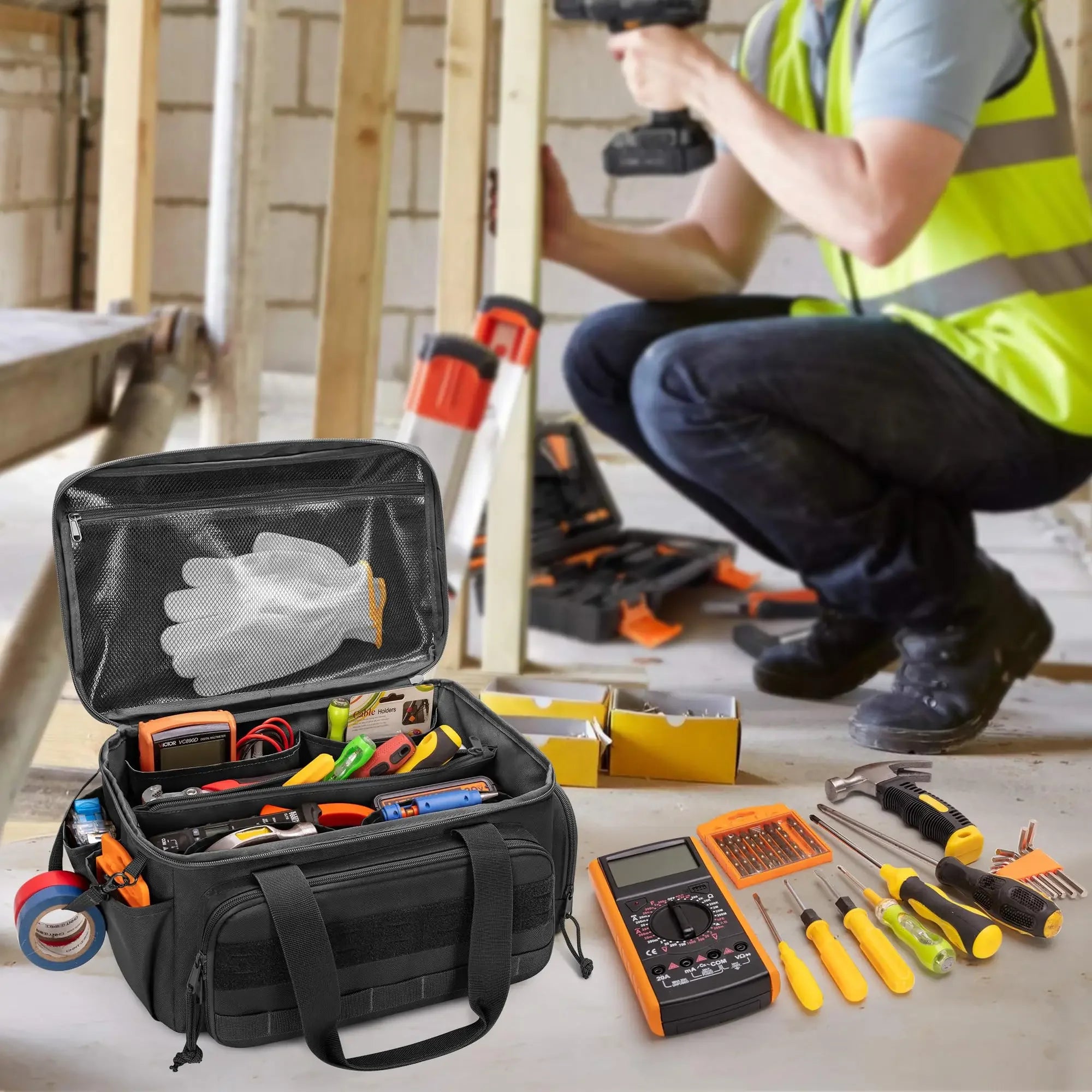 14" Heavy Duty Tactical Tool Bag Non-Slip Base Multipurpose Work Organizer for Handyman,Carpenter,Durable Portable Tool Storage